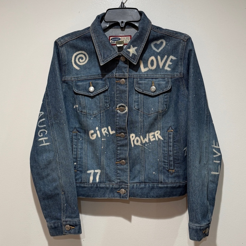 VTG Y2K Old Navy Denim Jacket DIY Design Sz M Medium Womens Hippie Casual Unique